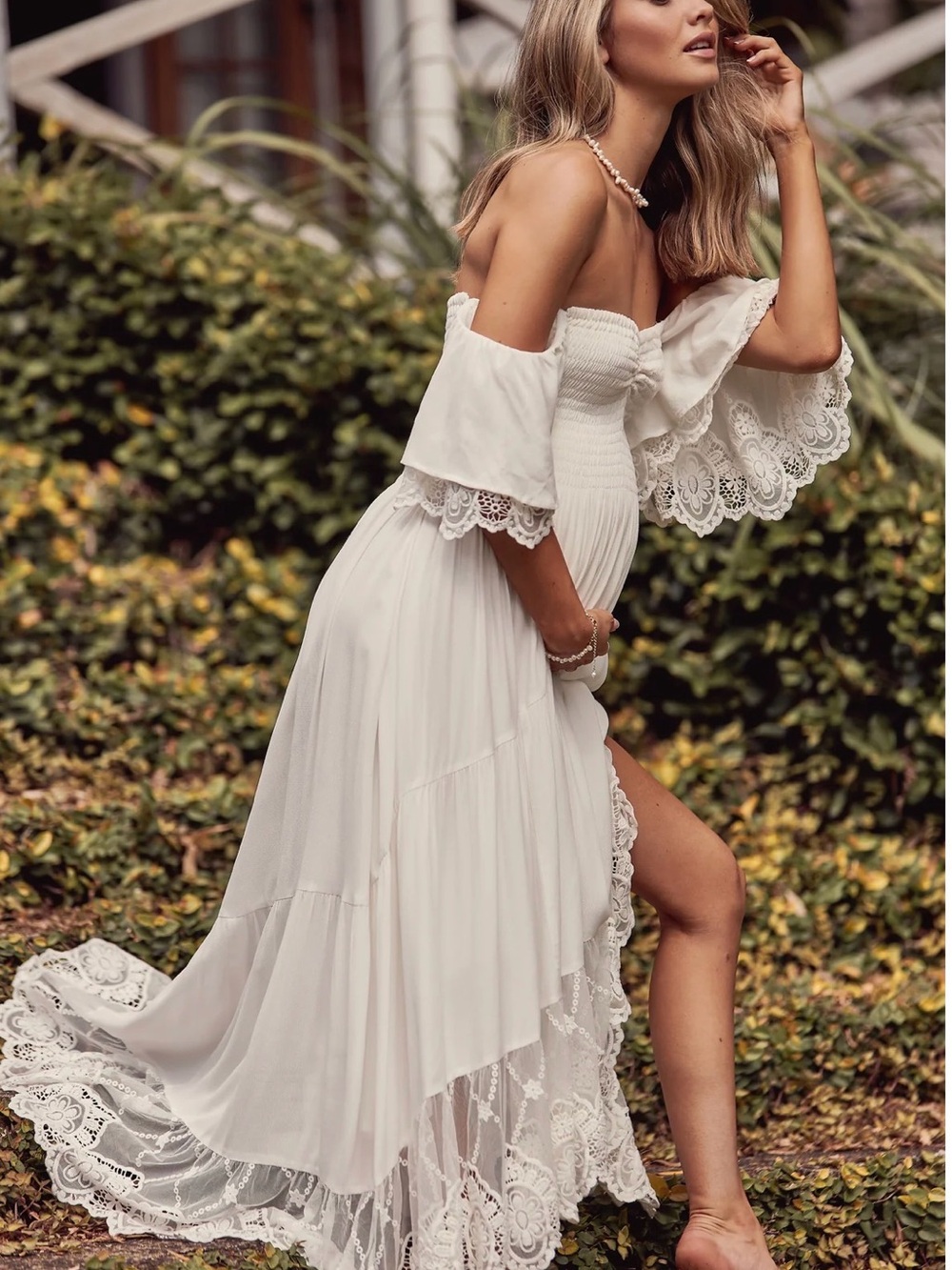 Coven & Co Folklore Gown Off-Shoulder White Lace Maxi Dress with Smocked Bodice
